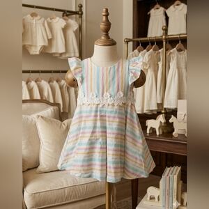 Rare Editions Pastel Striped Linen-Look Dress w/ Bow & Bloomers (24M)